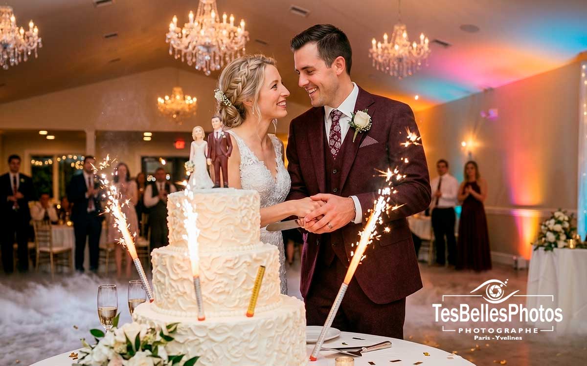 Photographe mariage à Épernay – couple de mariés coupant leur gâteau de mariage