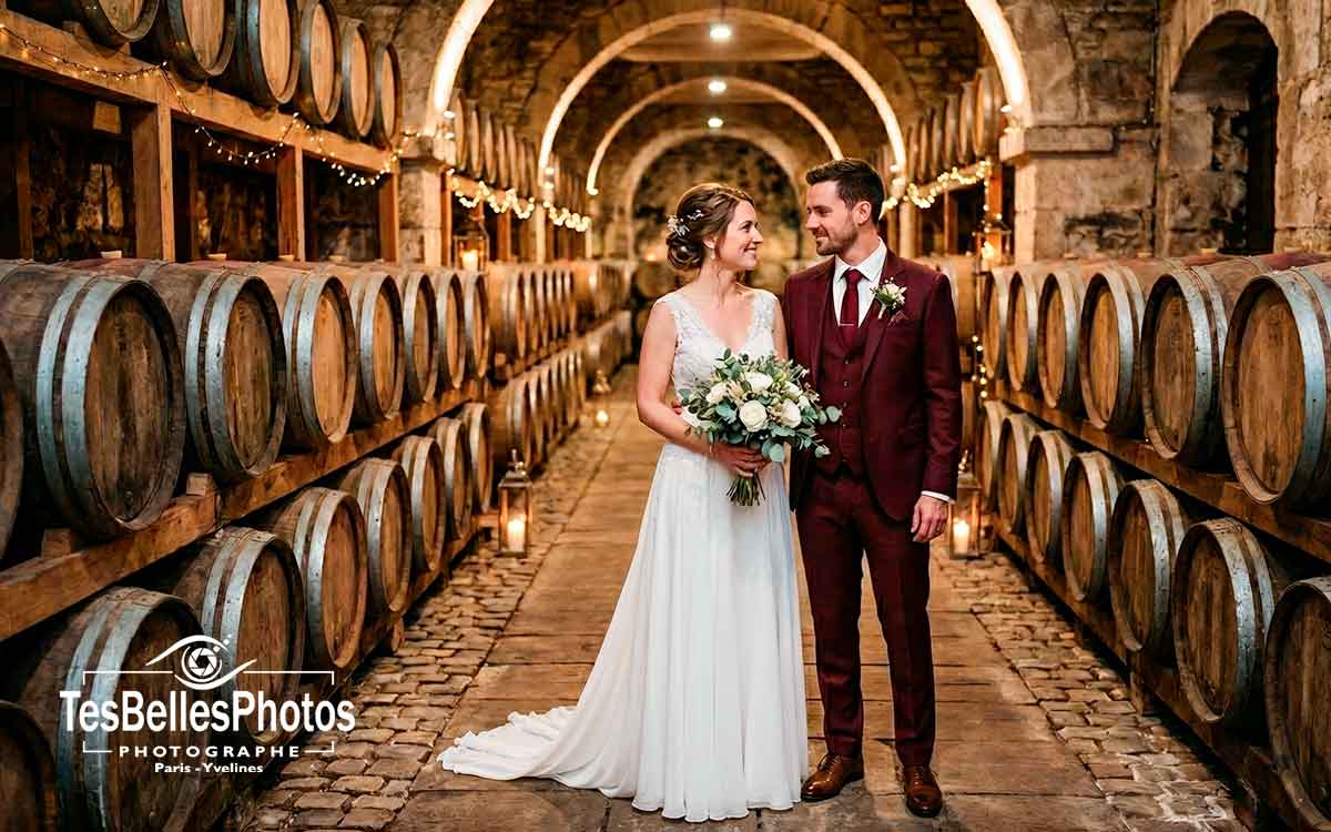 Photographe mariage à Épernay – séance couple élégante dans la cave d’une maison de champagne