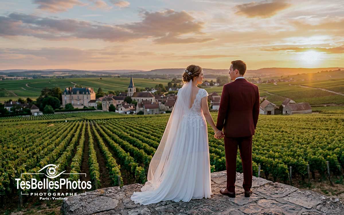 Photographe de mariage à Épernay – séance couple élégante dans un champ de vigne de champagne au coucher du soleil