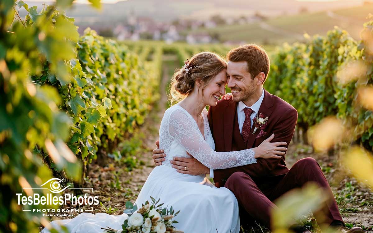 Photographe de mariage à Épernay – séance couple naturelle dans un champ de vignes de champagne