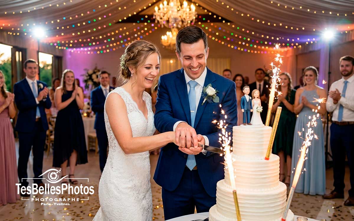 Photographe mariage à Reims – couple de mariés coupant leur gâteau de mariage
