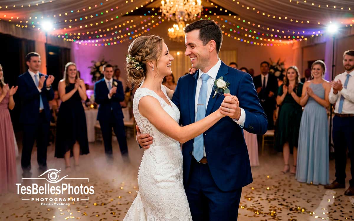 Photographe mariage à Reims – couple de mariés dansant au bal de leur soirée de mariage au Salon Degermann