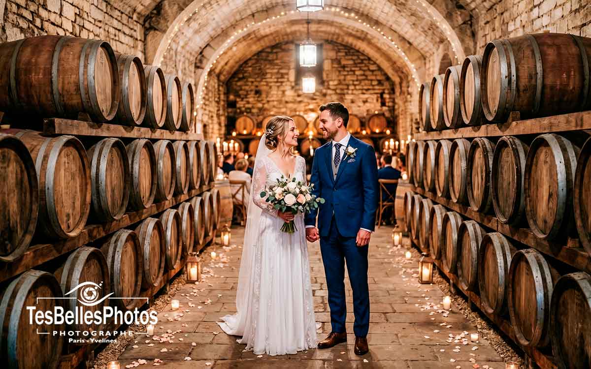 Photographe mariage à Reims – séance couple élégante dans la cave d’une maison de champagne