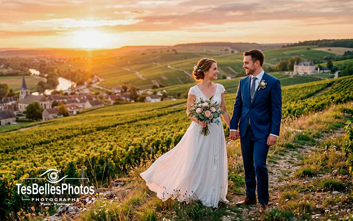 Photographe de mariage à Reims – séance couple élégante dans un champ de vigne de champagne au coucher du soleil
